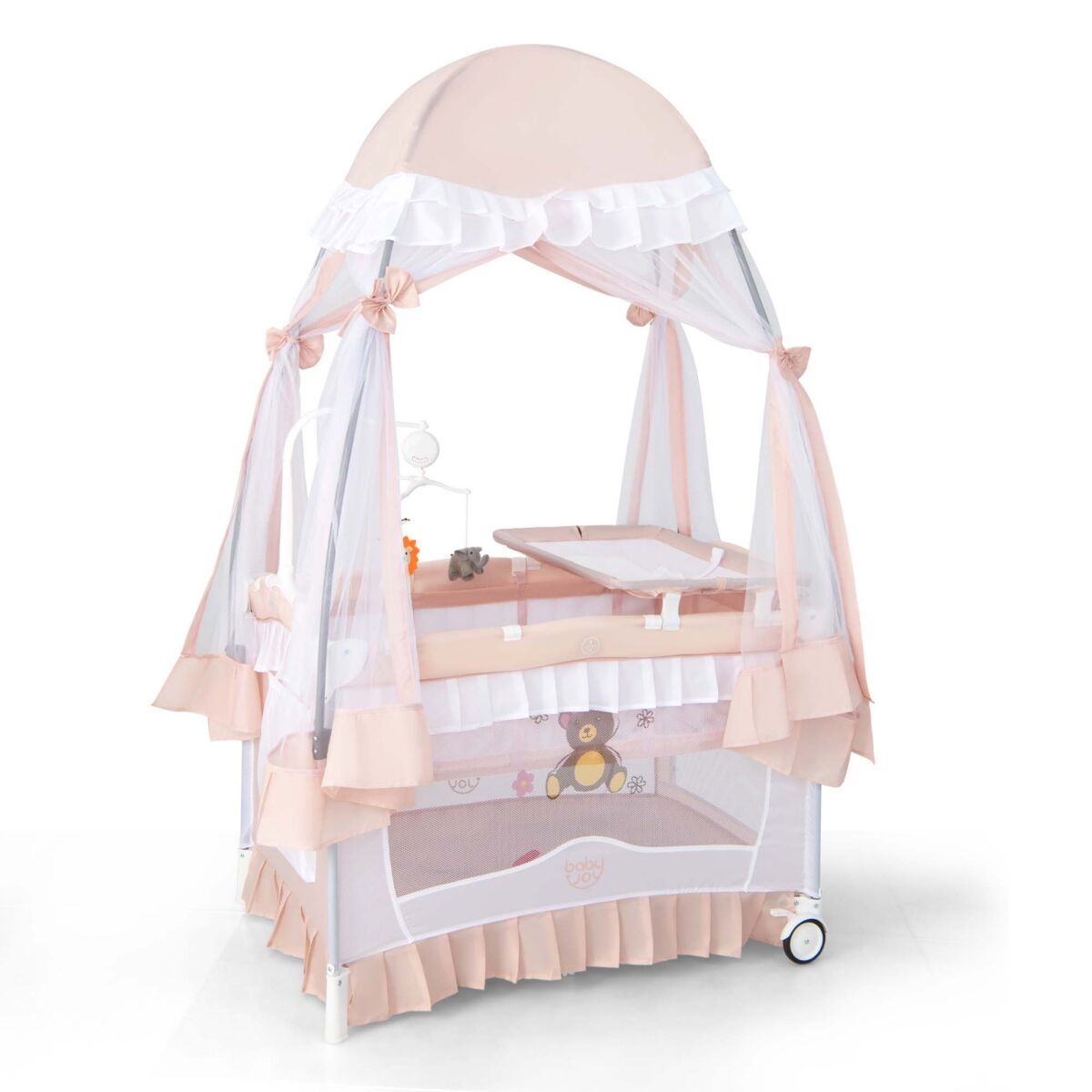 Costway Portable Baby Playpen Crib Cradle Changing Pad Mosquito Net Toys - Pink