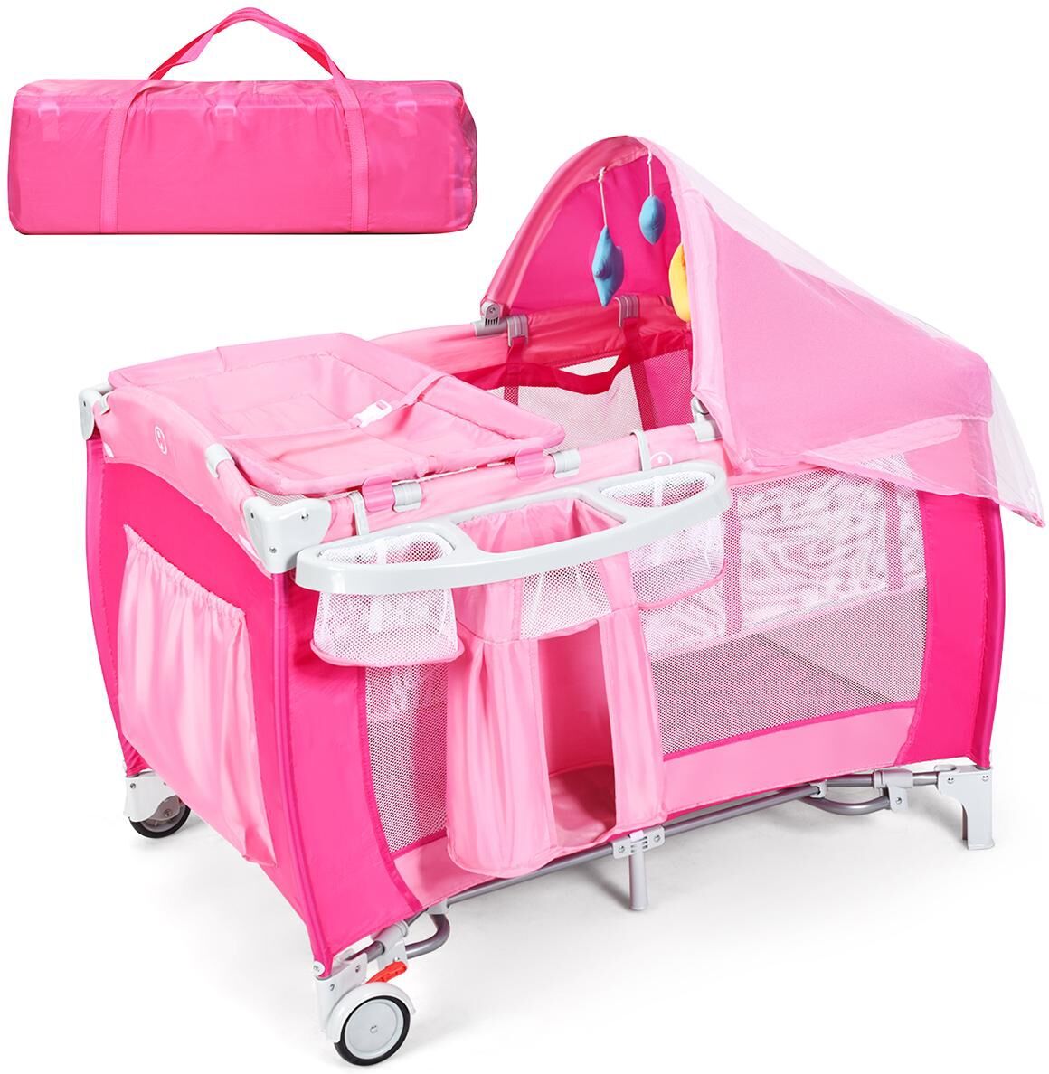 Costway Foldable Baby Crib Playpen Travel Infant Bassinet Bed - Pink