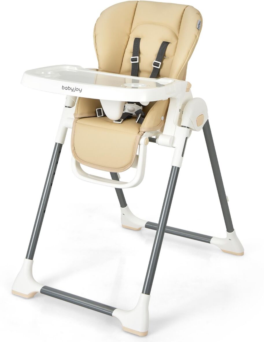 Costway Foldable Baby High Chair w/ Double Removable Trays - Beige/Khaki