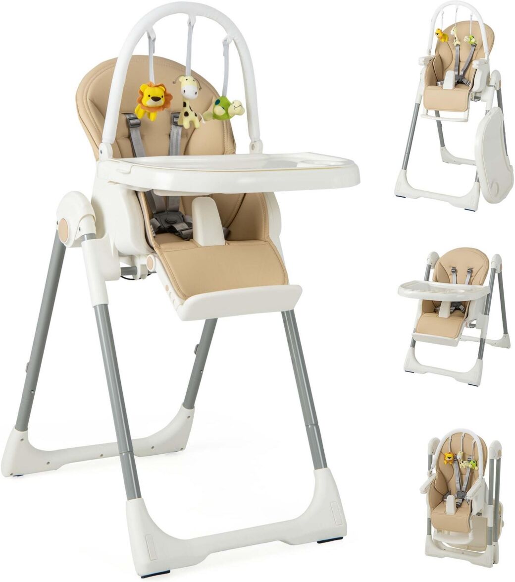 Costway Foldable Baby High Chair with 7 Adjustable Heights & Free Toys Bar for Fun - Yellow