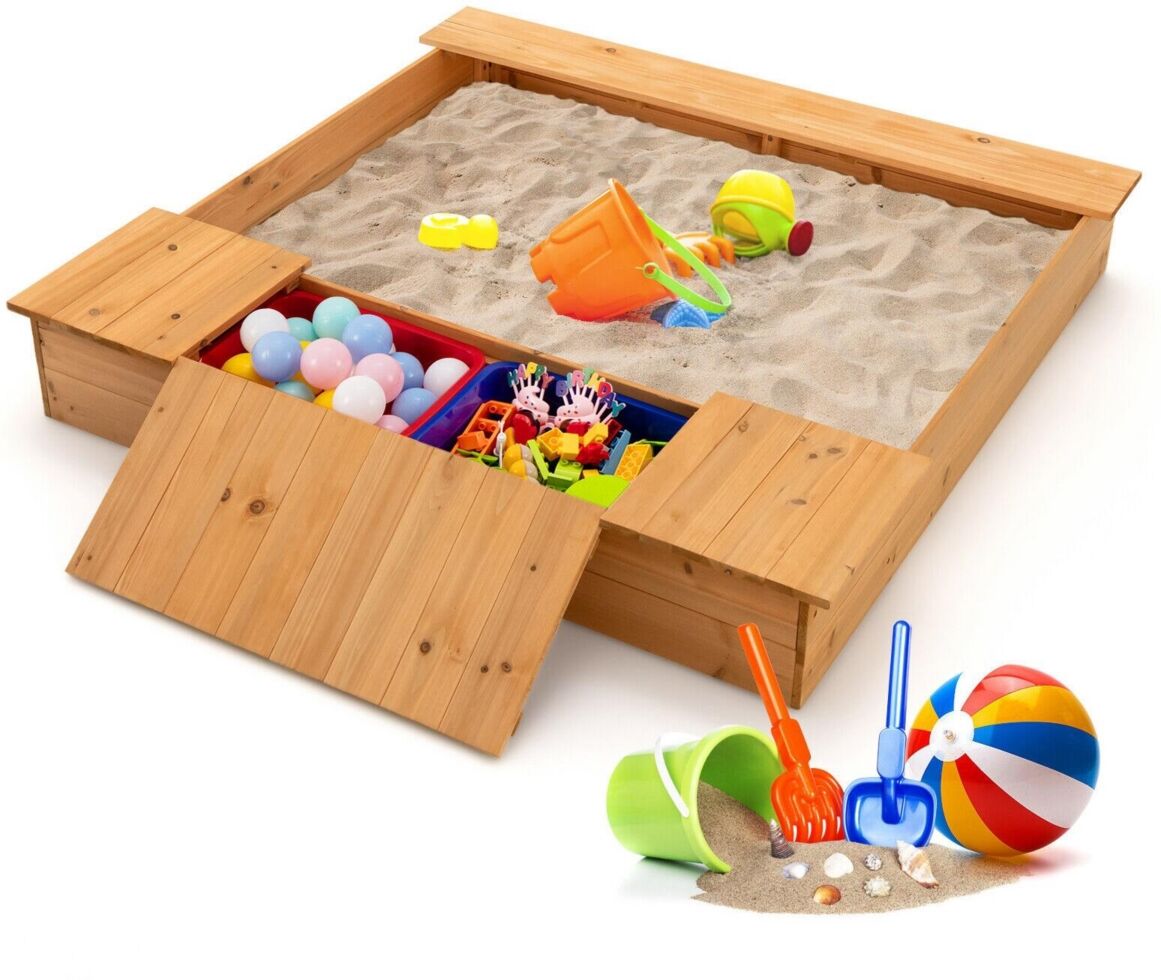 Sugift Kids Wooden Sandbox with Bench Seats and Storage Boxes - Open Miscellaneous