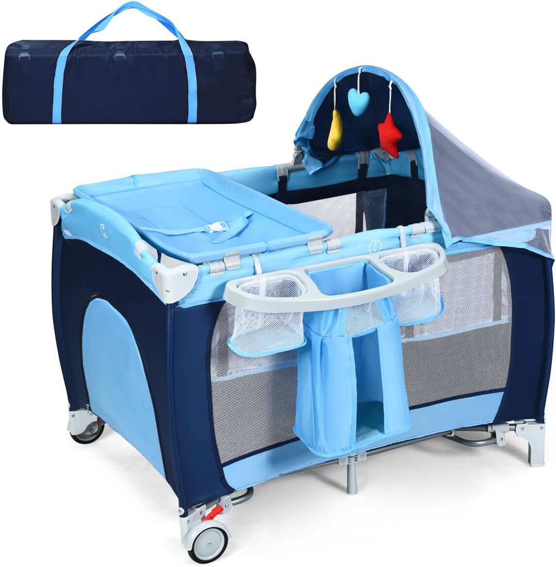 Costway Baby Foldable Baby Crib Playpen Travel Bassinet Bed - Blue