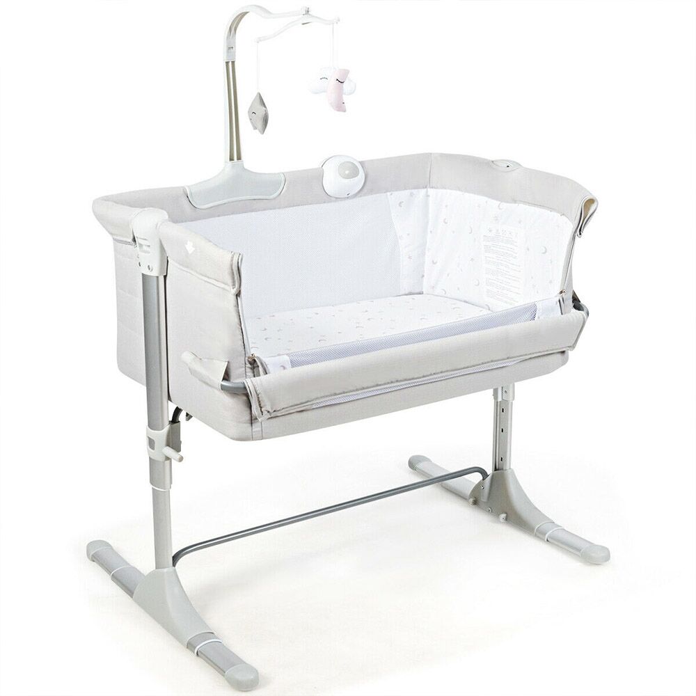 Slickblue Height Adjustable Baby Side Crib with Music Box & Toys - Light grey