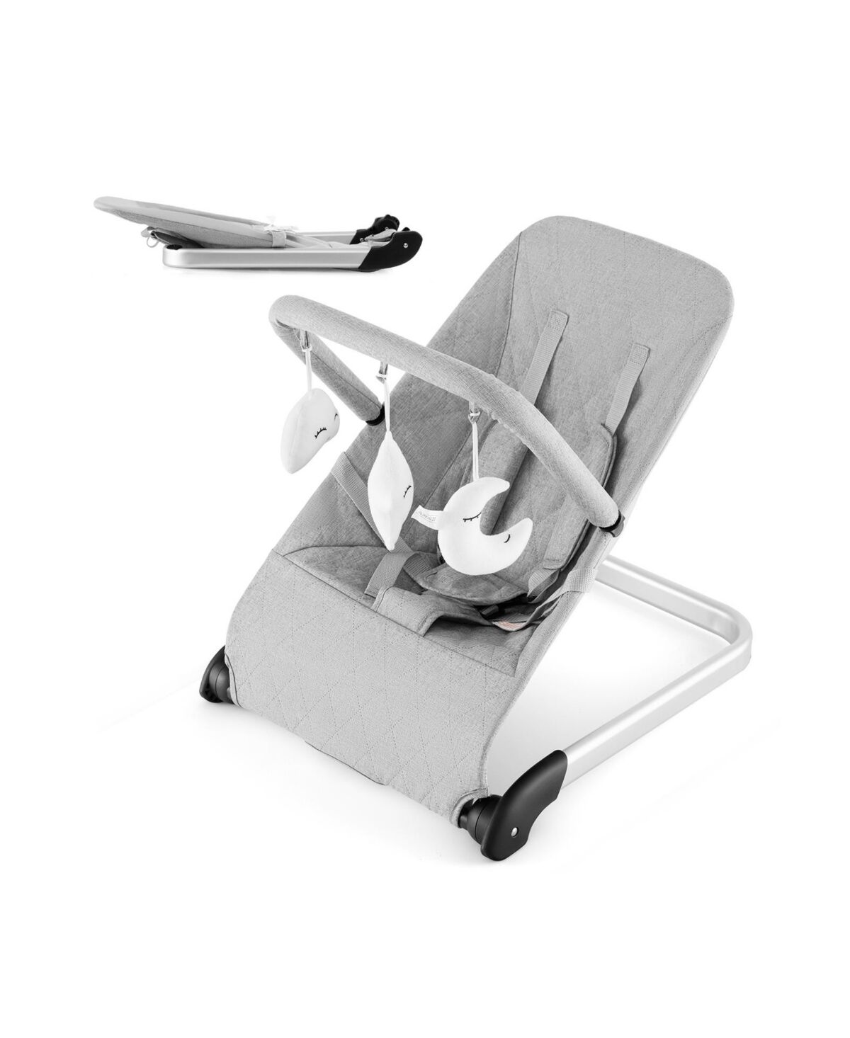 Slickblue Foldable Baby Bouncer with Removable Fabric Cover and Toy Bar-Grey - Grey