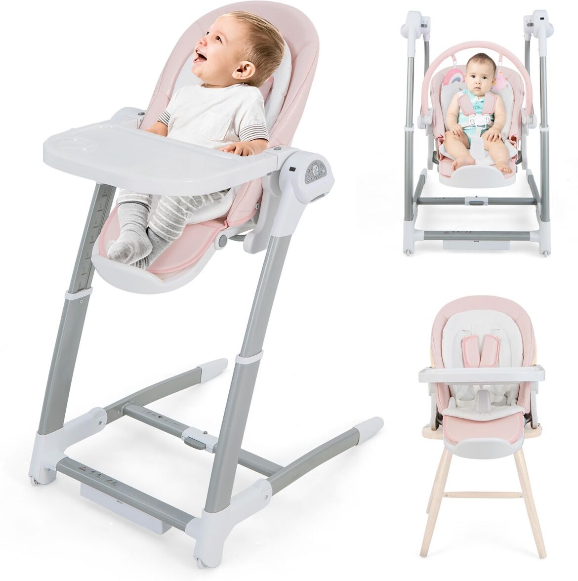 Costway 3-in-1 Baby Swing & High Chair with 8 Adjustable Heights & Music Box - Pink