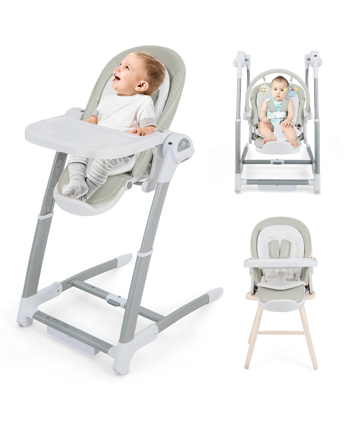 Costway 3-in-1 Baby Swing & High Chair with 8 Adjustable Heights & Music Box - Grey
