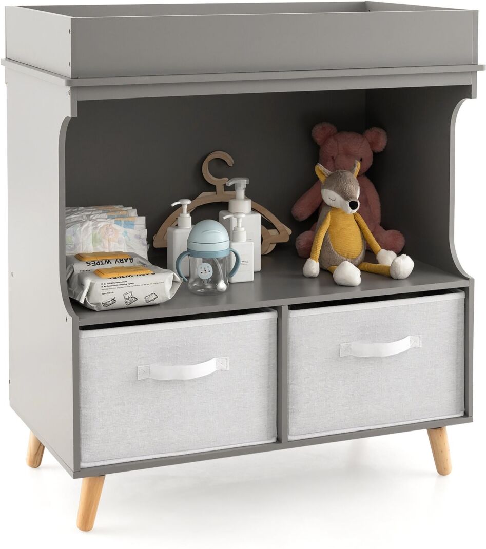 Costway Baby Changing Table Dresser Infant Diaper Station Nursery with Pad & Drawers - Grey