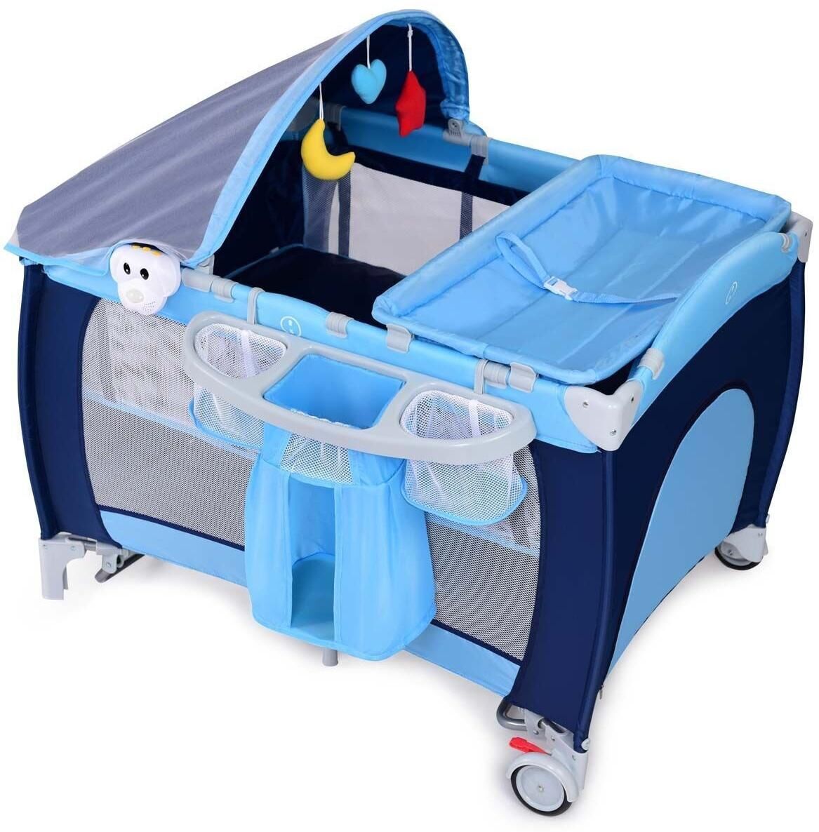 Slickblue Foldable Baby Crib Playpen with Mosquito Net and Bag - Blue