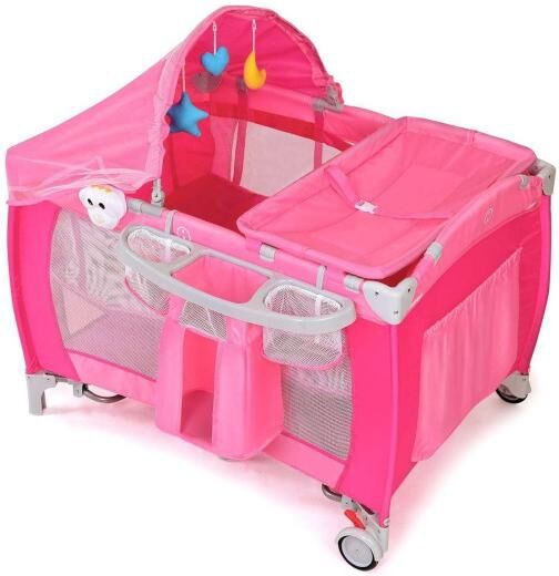 Slickblue Foldable Baby Crib Playpen with Mosquito Net and Bag - Pink