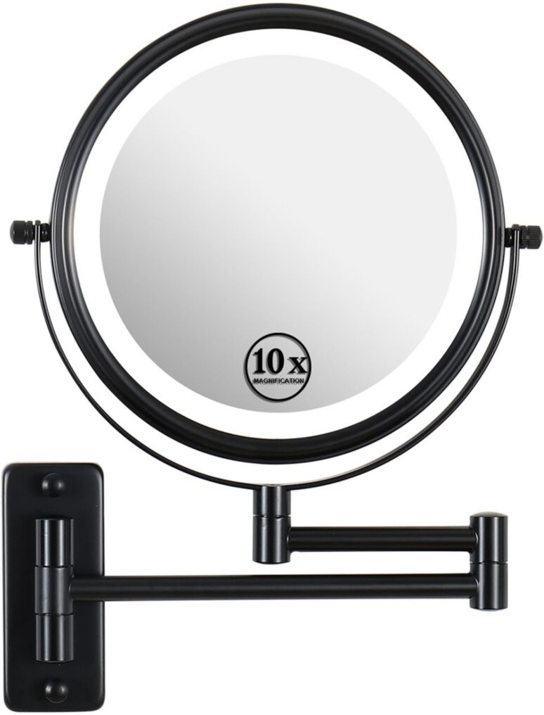 Simplie Fun 8-inch Wall Mounted Makeup Vanity Mirror, 3 colors Led lights, 1X/10X Magnification Mirror, 360° Swivel with Extension Arm (Black) - Black