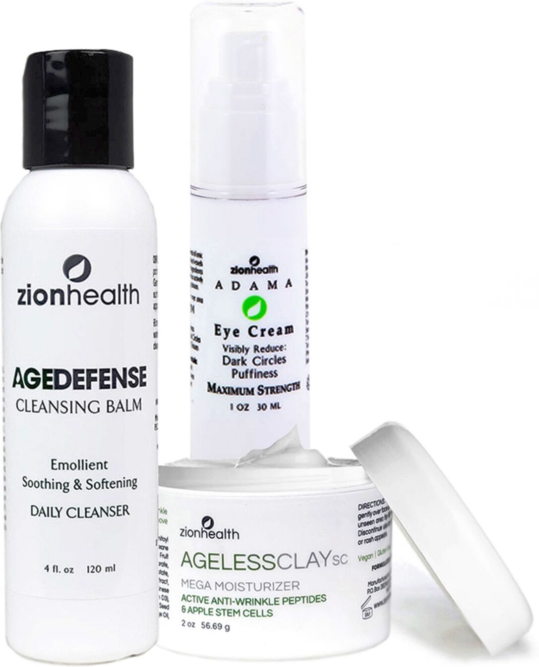 Zion Health Going Away Bundle Kit, Age Defense Cleansing Balm 4 oz + Eye Cream 1 oz + Ageless Clay Sc 2 oz