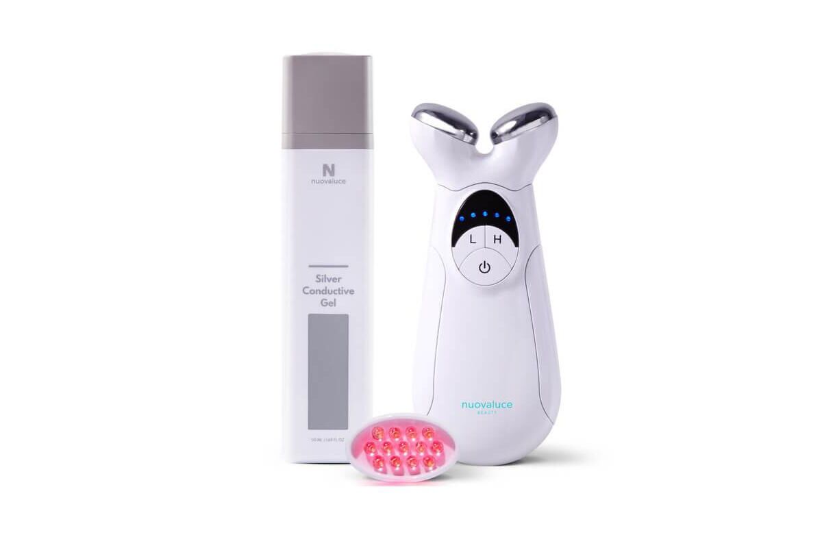 Nuovaluce Beauty Nuovaluce Anti Aging Microcurrent & Red Light Therapy Device Set with Colloidal Silver Conductive Gel - Handheld Face Toning at-Home Machine to Reduce