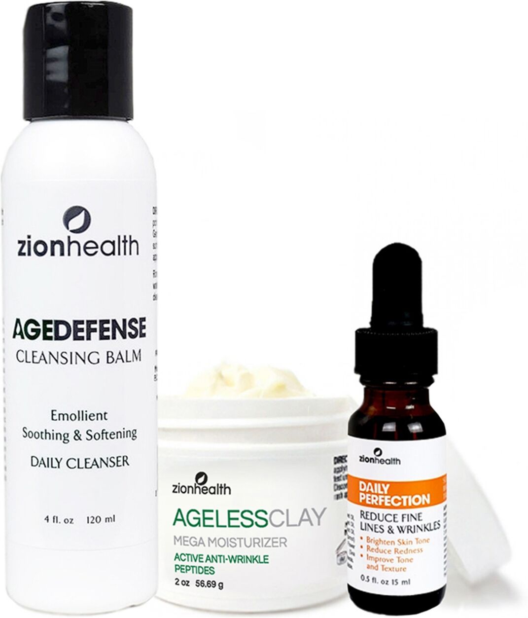 Zion Health Ultimate Night Time Kit Age Defense Cleansing Balm 4 oz + Daily Perfection Serum Oil 0.5 oz + Ageless Clay Cream 2oz