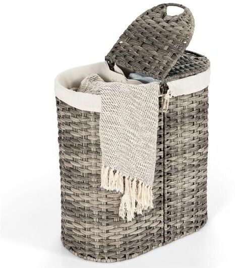 Slickblue Hand-woven Laundry Hamper Basket with 2 Removable Liner Bags - Grey