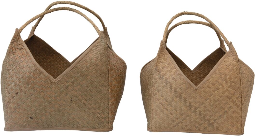 Storied Home Square Seagrass Baskets with Handles for Decor and Storage, Set of 2 - Open White