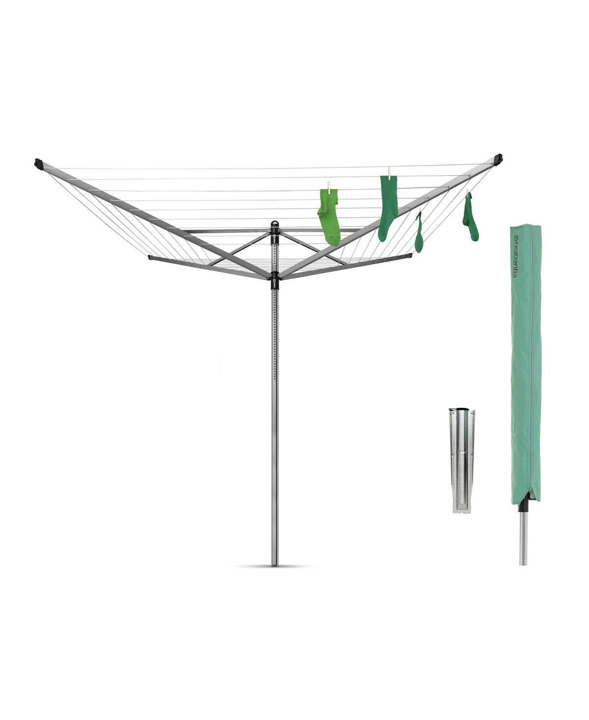 Brabantia Rotary Lift-o-Matic Clothesline - 197', 60 Meter with Metal Ground Spike and Protective Cover Set - Metallic Gray