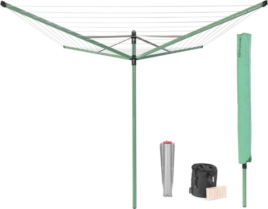 Brabantia Rotary Lift-o-Matic Clothesline - 164', 50 Meter with Metal Ground Spike, Protective Cover, Peg Bag and Wooden Clothespins Set - Leaf Green