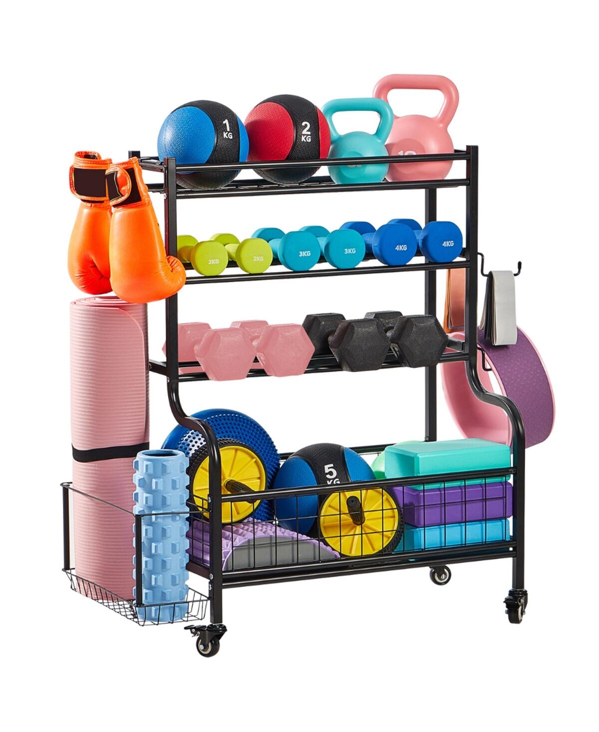 Lugo Heavy-Duty Heavy Duty Dumbbell Storage Rack & Stand with Wheels and Hooks - Black