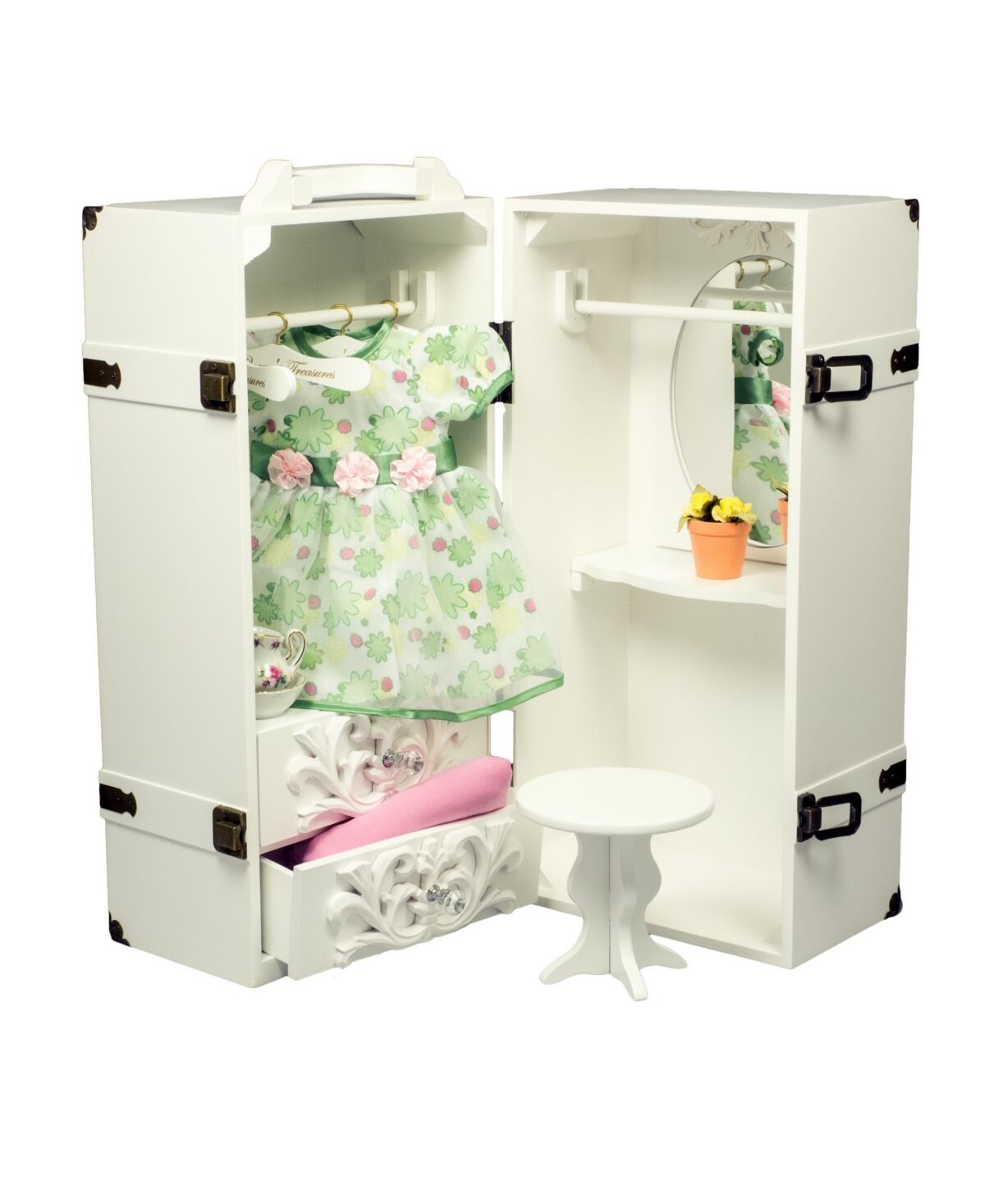 The Queen's Treasures 18 Inch Doll Clothes Storage Case Furniture, Fully Assembled White Wooden Trunk Includes Vanity, Stool, Hangers, Intended For Us
