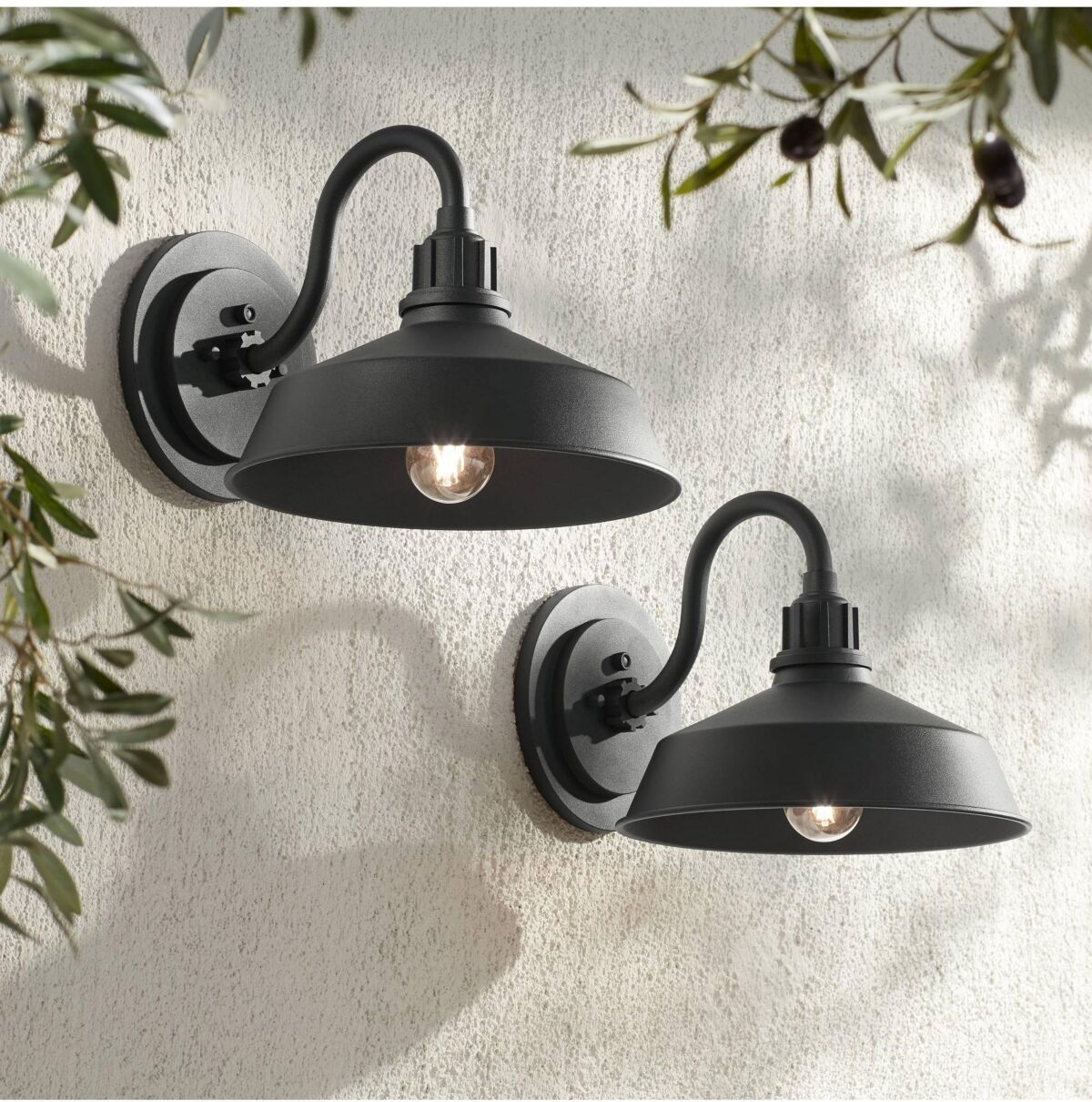 Franklin Iron Works Arnett Rustic Industrial Farmhouse Outdoor Barn Light Fixtures Set of 2 Black Dusk to Dawn Gooseneck 10 1/2