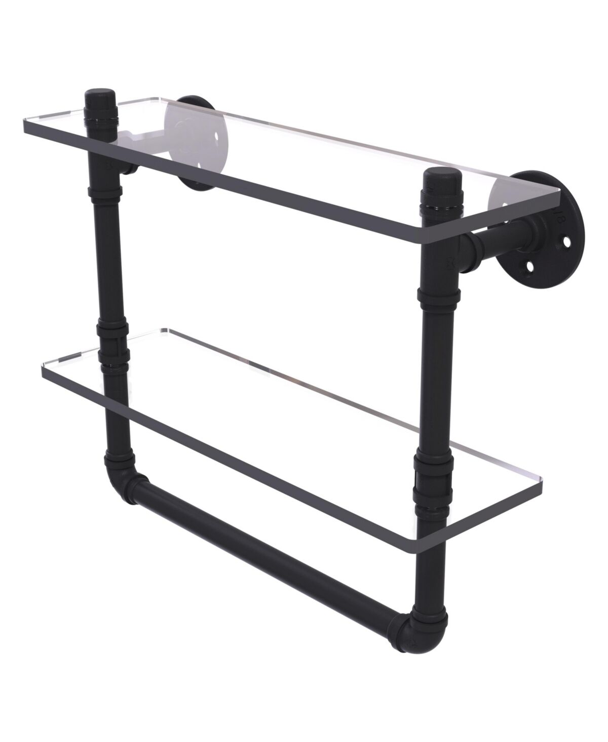 Allied Pipeline Collection 16 Inch Double Glass Shelf with Towel Bar - Matte black