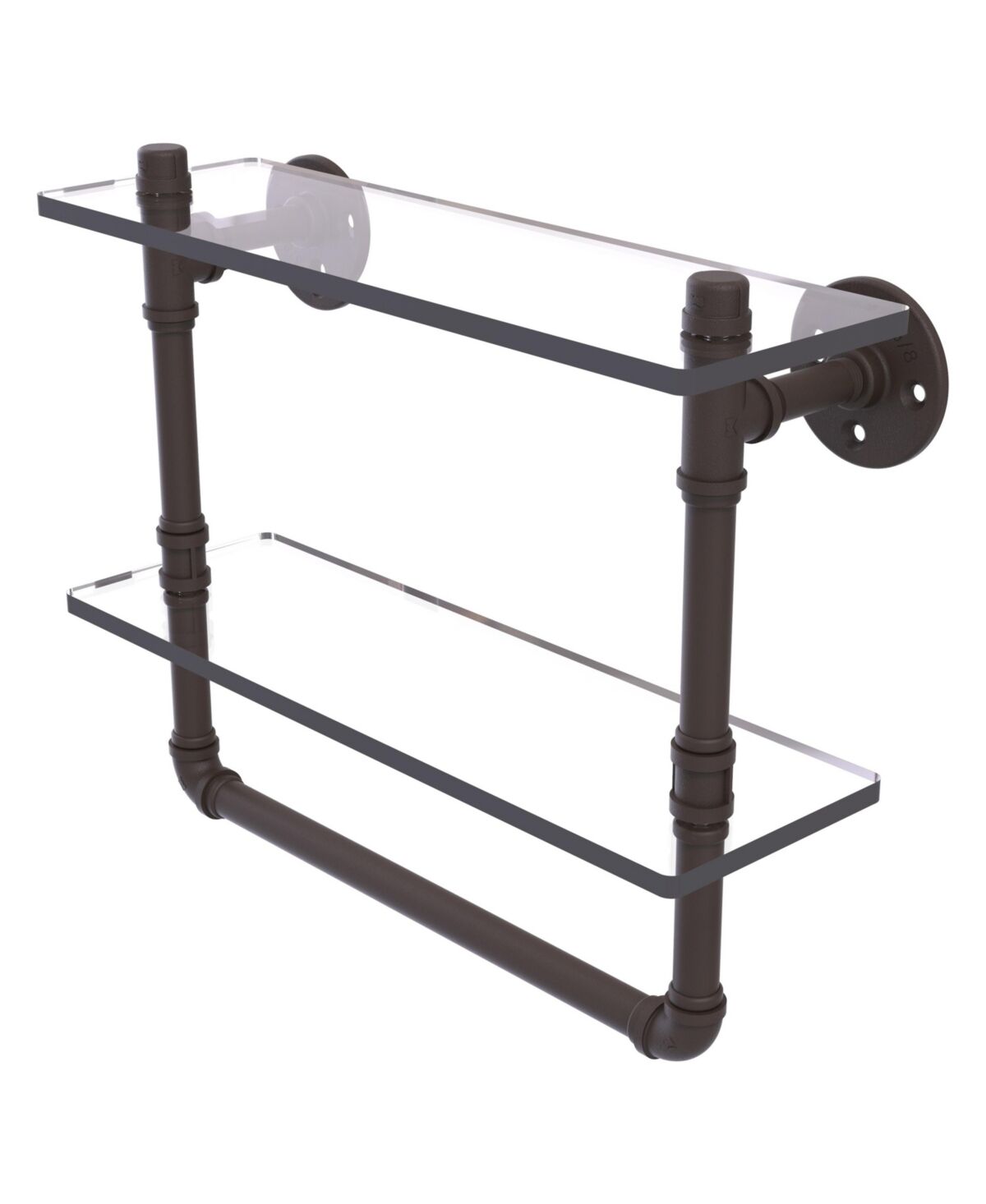 Allied Pipeline Collection 16 Inch Double Glass Shelf with Towel Bar - Oil rubbed bronze
