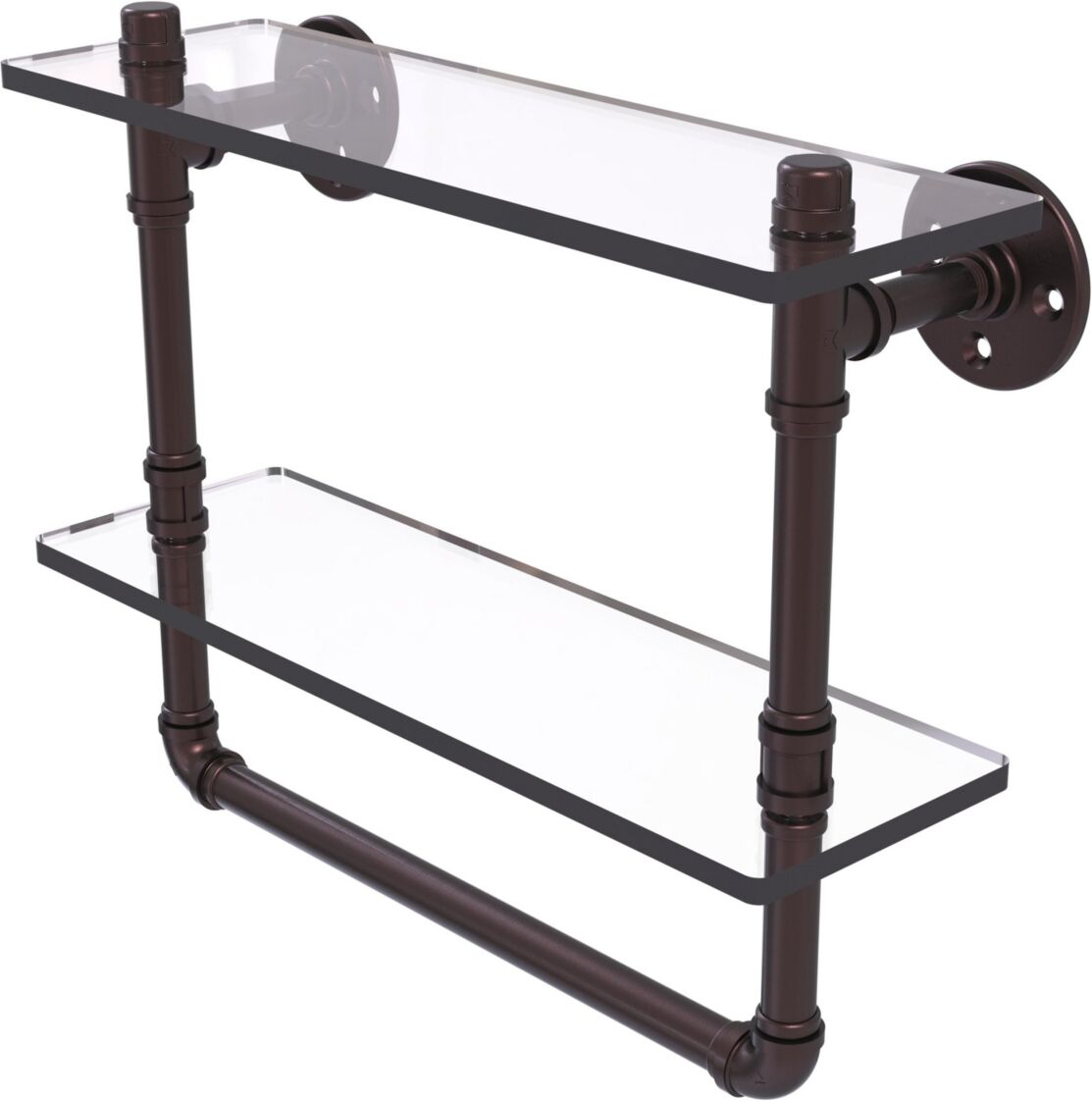 Allied Pipeline Collection 16 Inch Double Glass Shelf with Towel Bar - Antique bronze