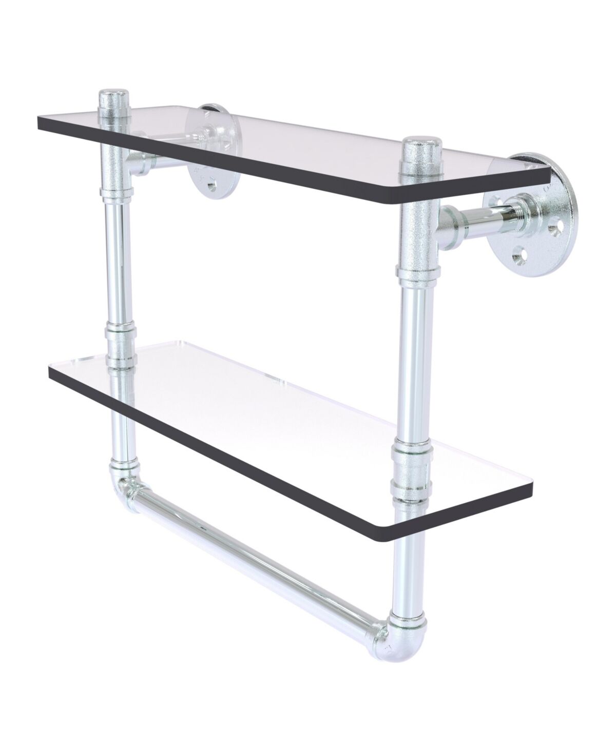 Allied Pipeline Collection 16 Inch Double Glass Shelf with Towel Bar - Polished chrome