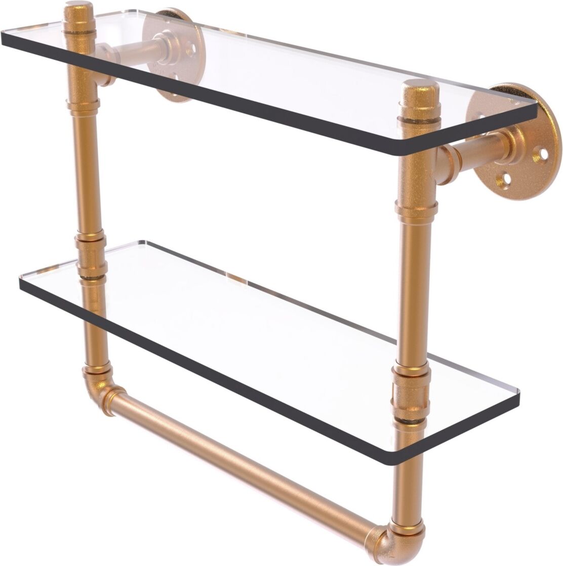 Allied Pipeline Collection 16 Inch Double Glass Shelf with Towel Bar - Brushed bronze