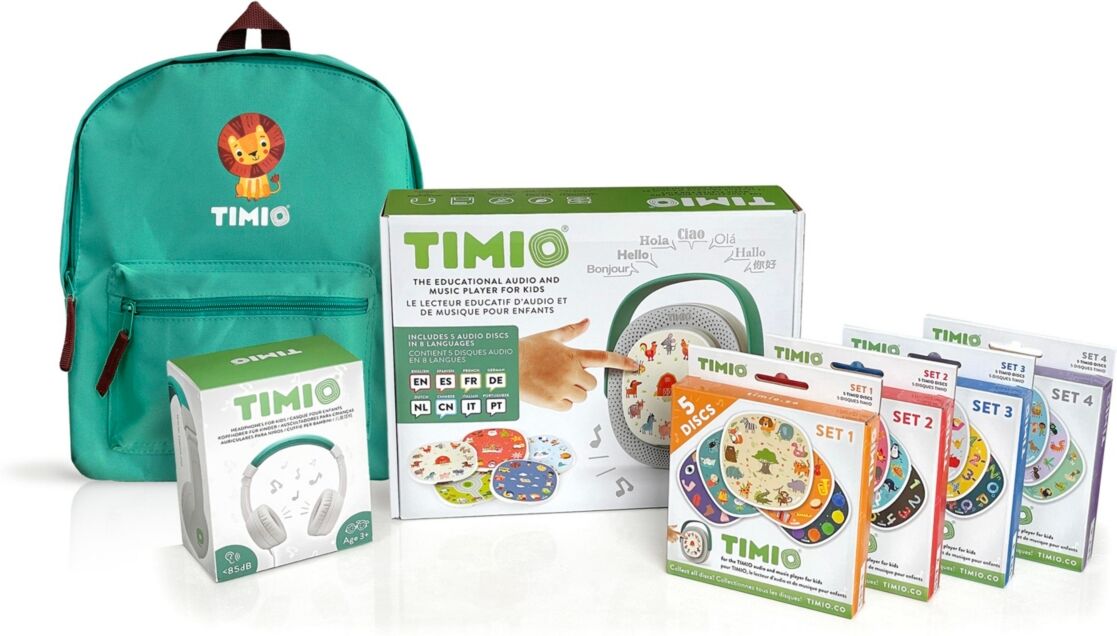 Timio Screenless Educational Audio and Music Player + 4 Disc Packs 25 discs total + Headset + Backpack - White