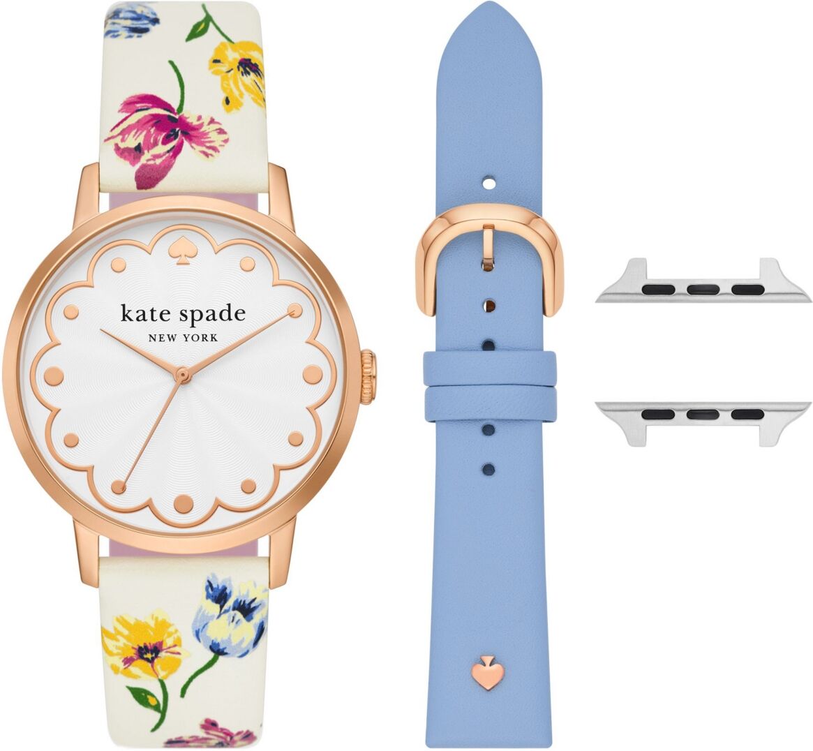 kate spade new york Women's Three Hand Quartz White Floral and Blue Leather Cross-Compatible Bands for Apple Watch, 38, 40, 41mm with Classic Watch He