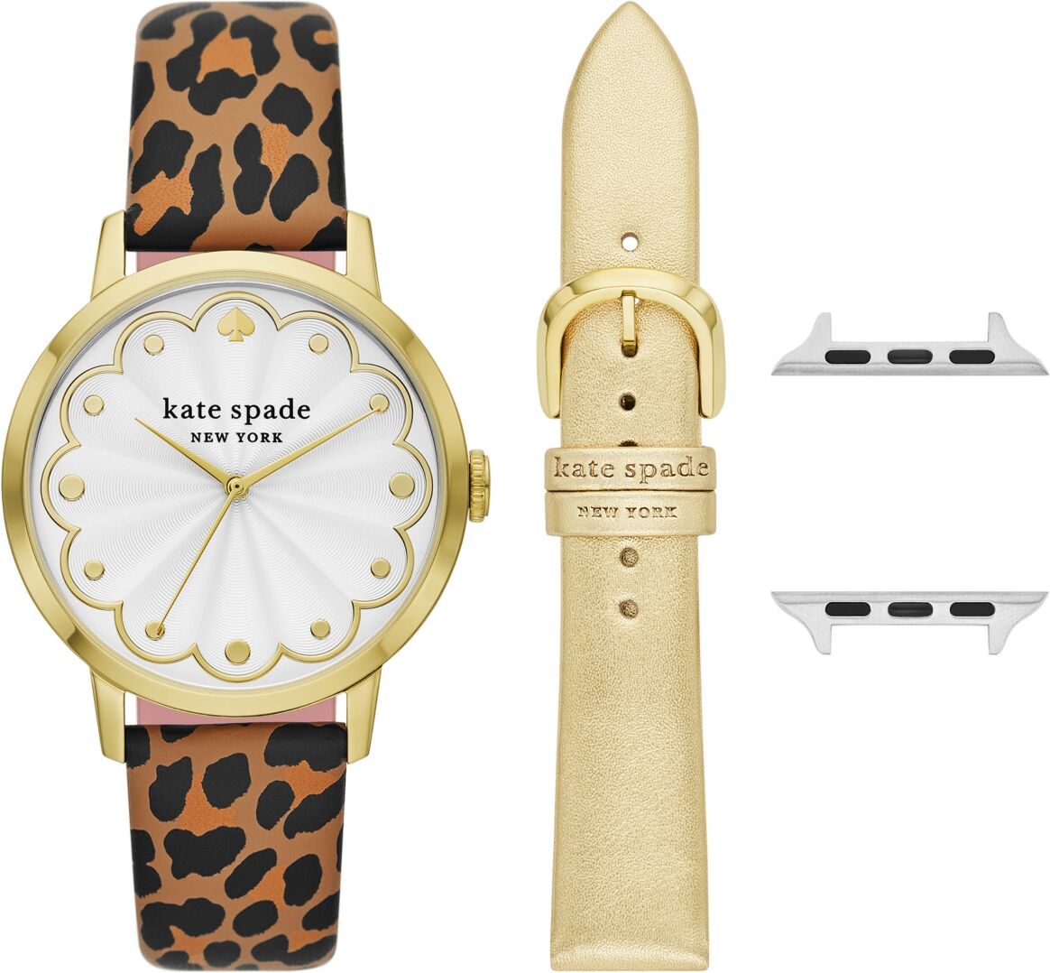 kate spade new york Women's Leopard Cross-Compatible Set, 38mm, 40mm, 41mm Bands for Apple Watch with Classic Watch Head Set - Leopard Print Gold-Tone