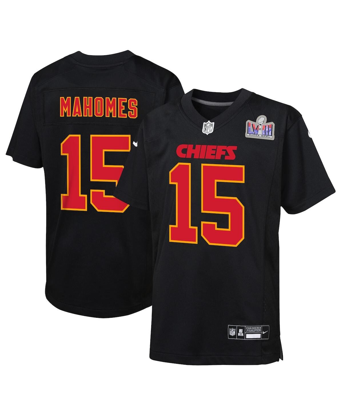 Nike Big Boys Nike Patrick Mahomes Black Kansas City Chiefs Super Bowl Lviii Patch Carbon Fashion Game Jersey - Black