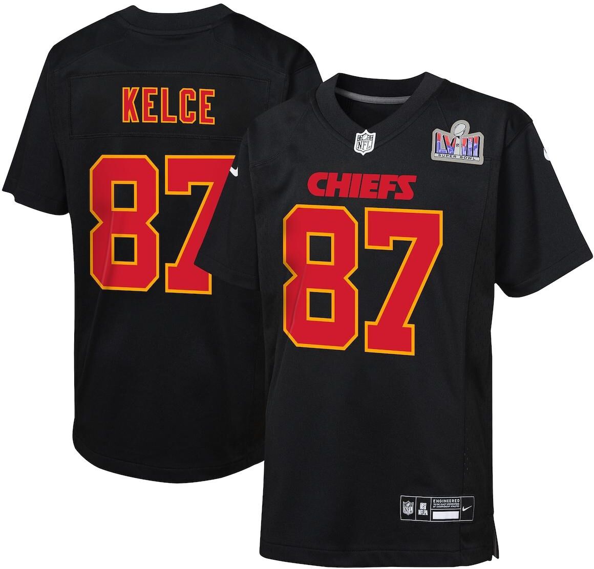 Nike Big Boys Nike Travis Kelce Black Kansas City Chiefs Super Bowl Lviii Patch Carbon Fashion Game Jersey - Black