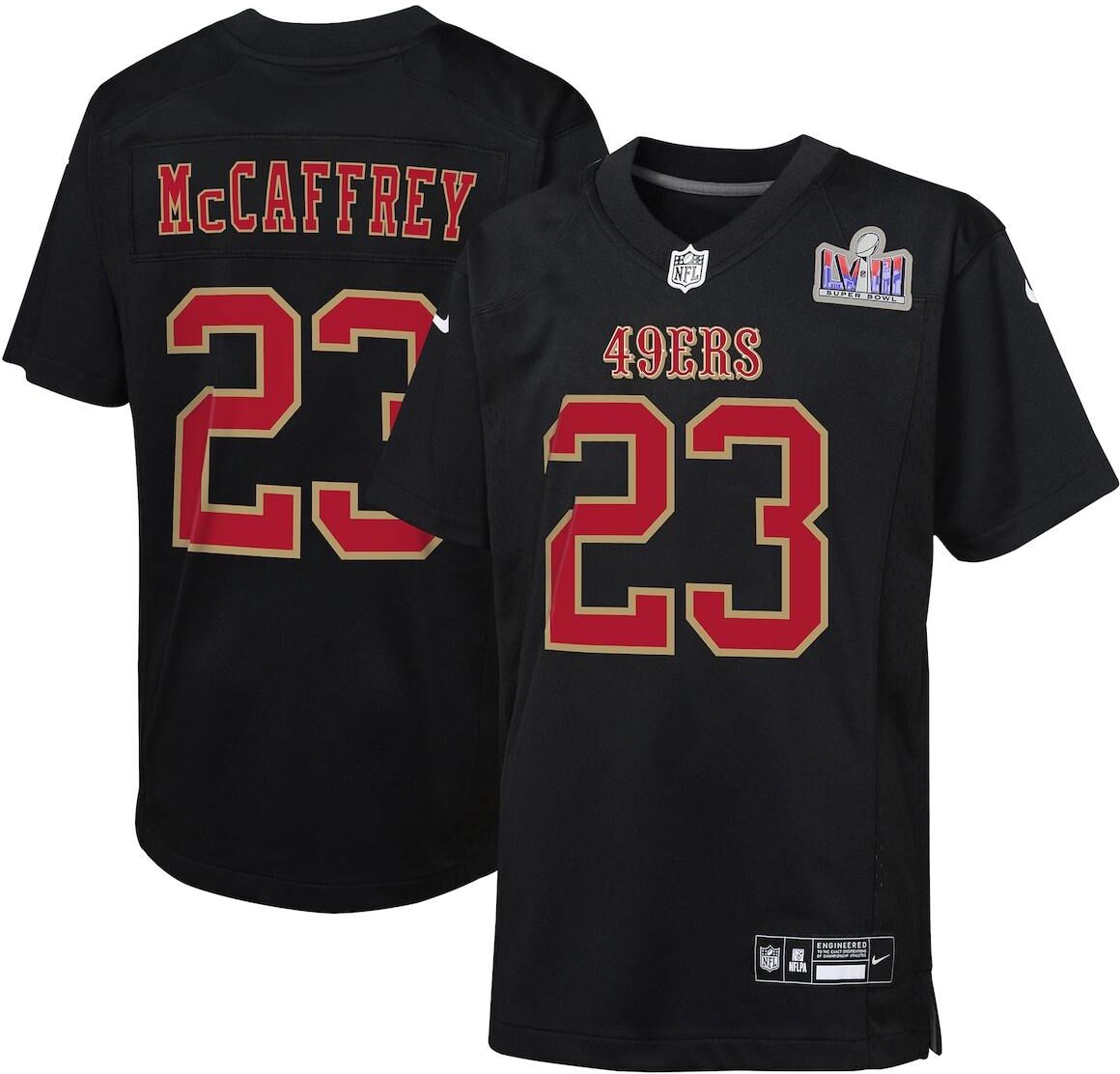 Nike Big Boys Nike Christian McCaffrey Black San Francisco 49ers Super Bowl Lviii Patch Carbon Fashion Game Jersey - Black