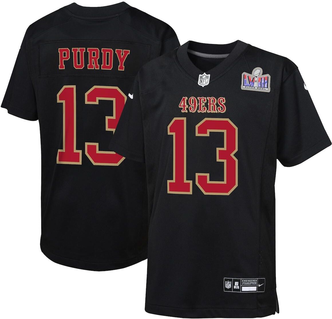 Nike Big Boys Nike Brock Purdy Black San Francisco 49ers Super Bowl Lviii Patch Carbon Fashion Game Jersey - Black