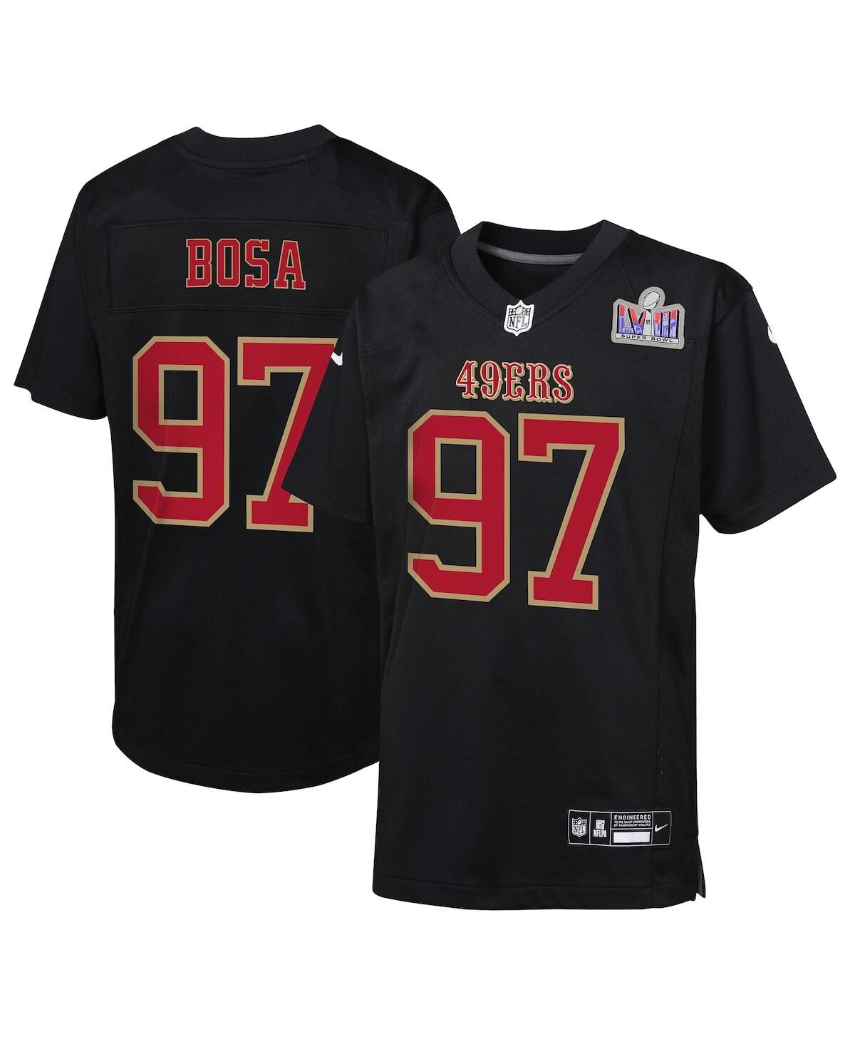 Nike Big Boys Nike Nick Bosa Black San Francisco 49ers Super Bowl Lviii Patch Carbon Fashion Game Jersey - Black