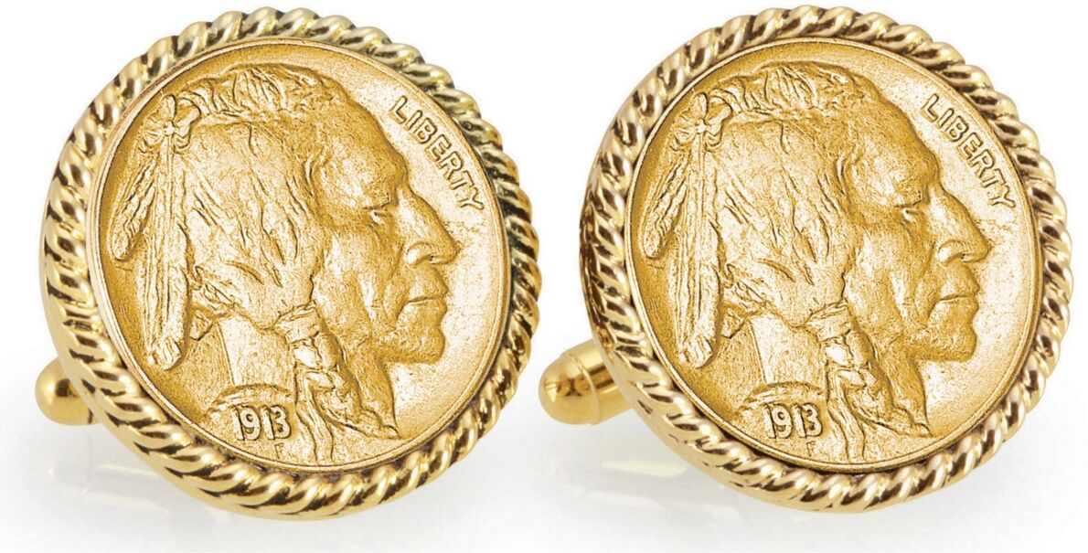 American Coin Treasures Gold-Layered 1913 First-Year-Of-Issue Buffalo Nickel Rope Bezel Coin Cuff Links - Gold