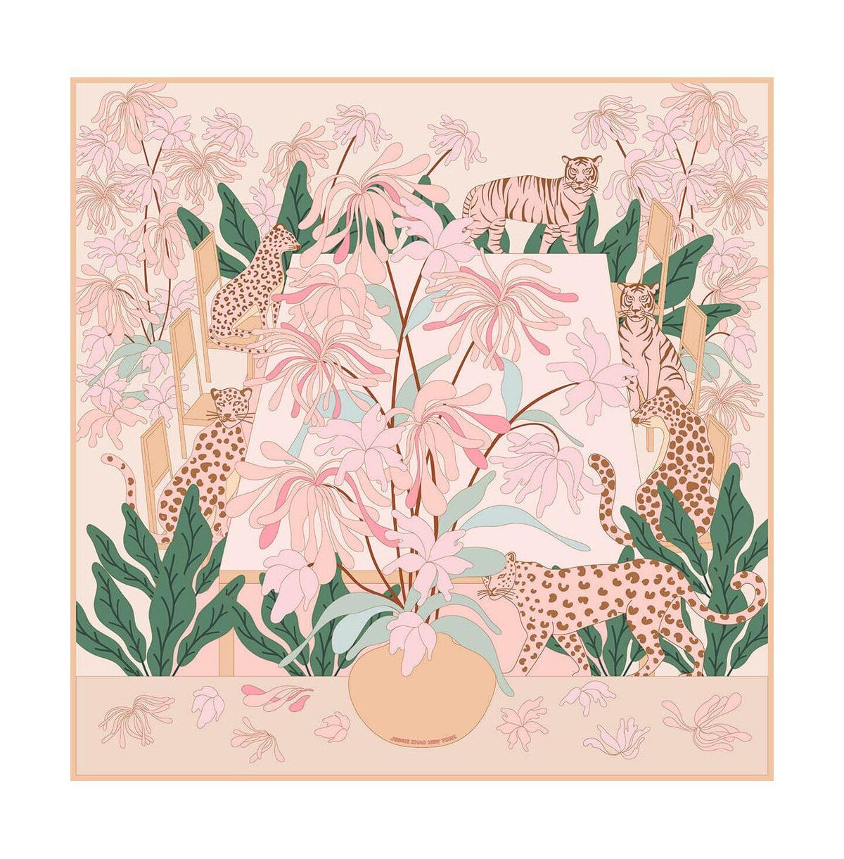Jessie Zhao New York Double Sided Silk Scarf Of Jungle Gathering - Peach and pink