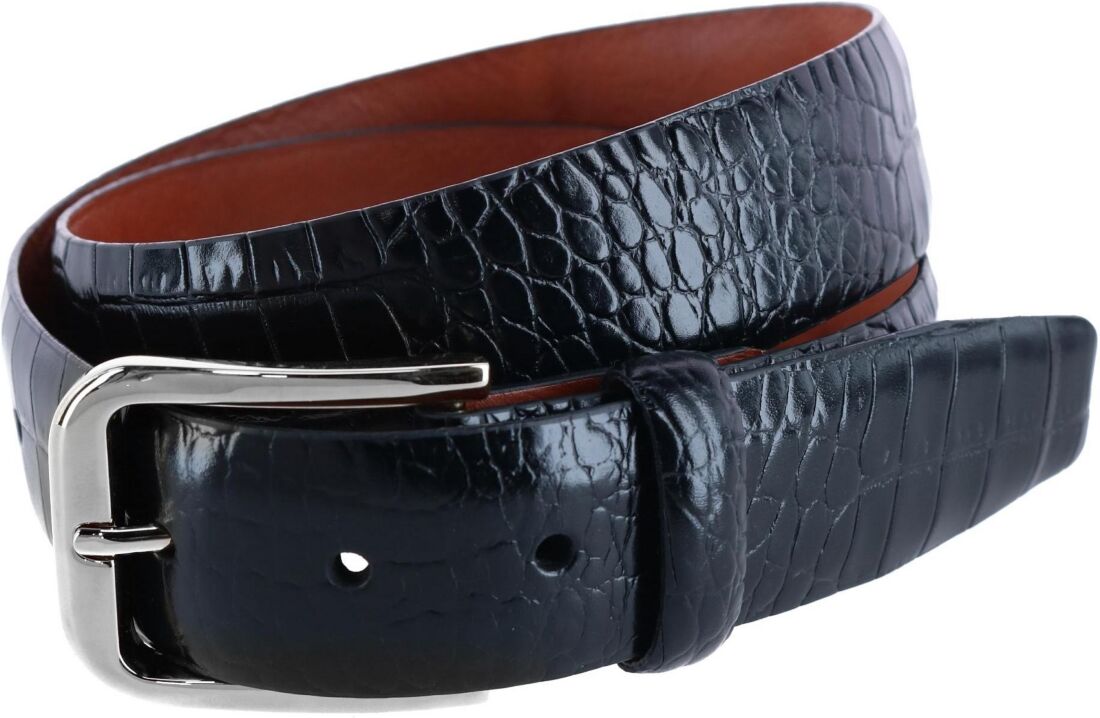 Trafalgar Men's Leather Mock Crocodile Print Belt with Silver Buckle - Black