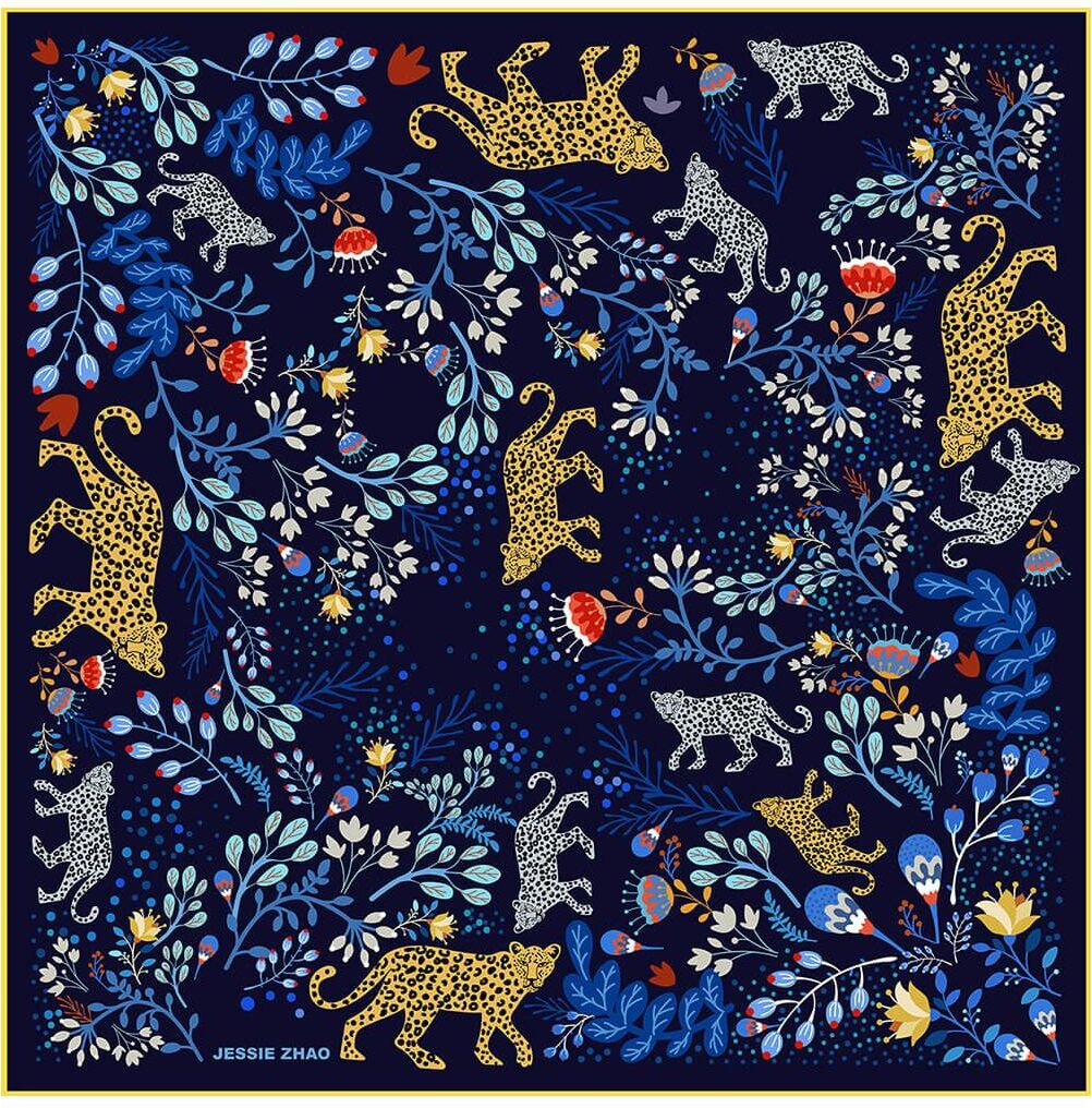 Jessie Zhao New York Double Sided Silk Scarf Of Amazon Rainforest Journey in Blue - Blue and yellow