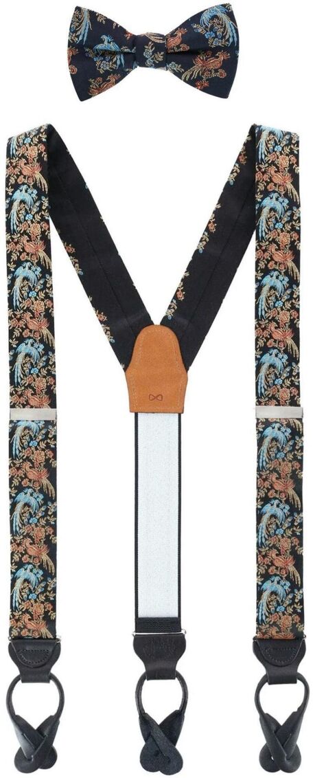 Trafalgar Men's Birds of Prosperity Silk Button End Suspenders and Bow Tie Set - Black