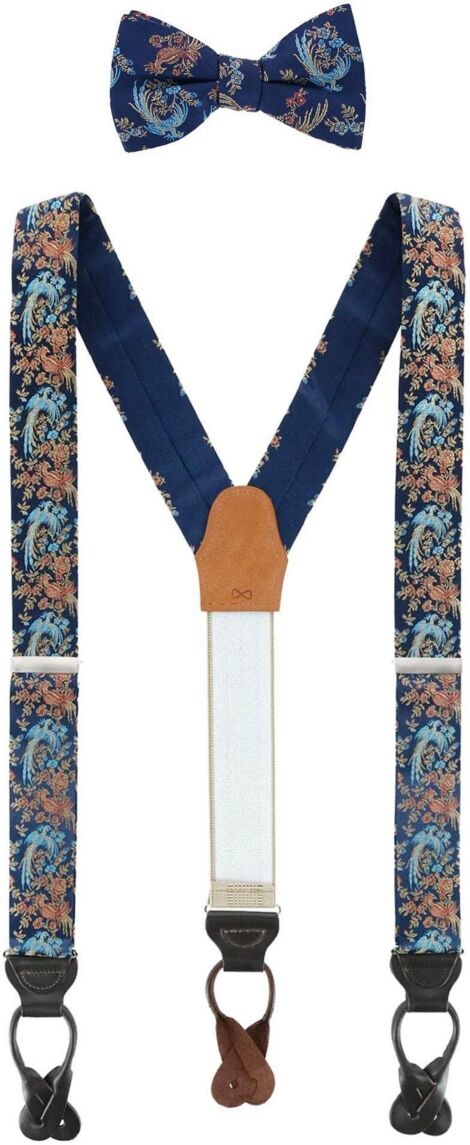 Trafalgar Men's Birds of Prosperity Silk Button End Suspenders and Bow Tie Set - Navy