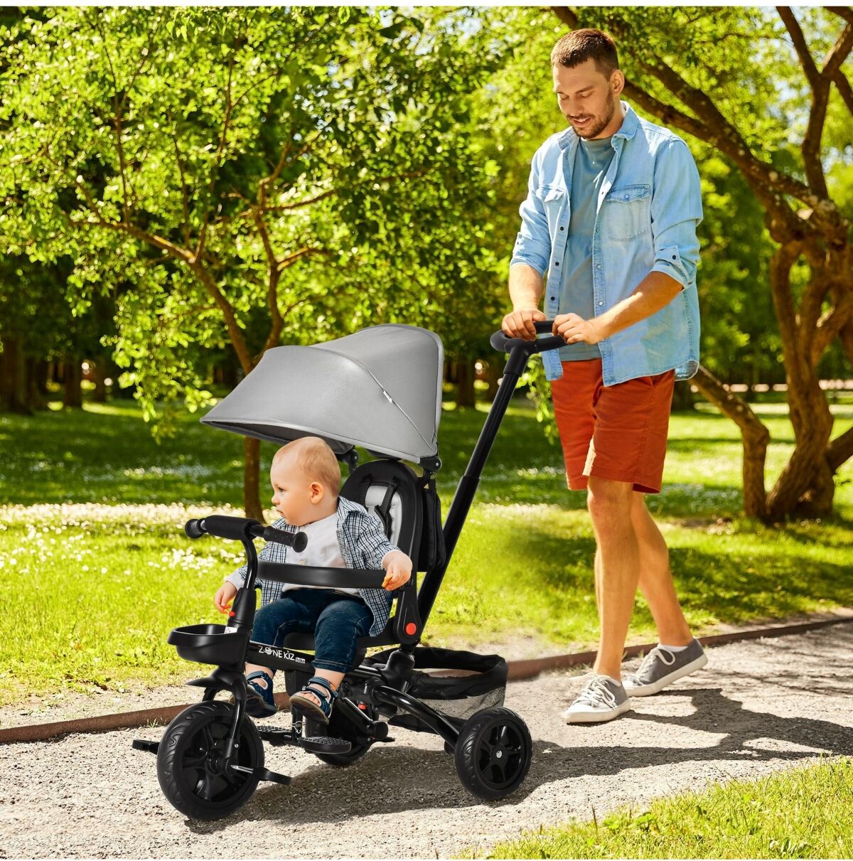 Qaba 4 in 1 Baby Tricycle w/ Push Handle Brake Clutch Footrest Handrail Belt - Grey