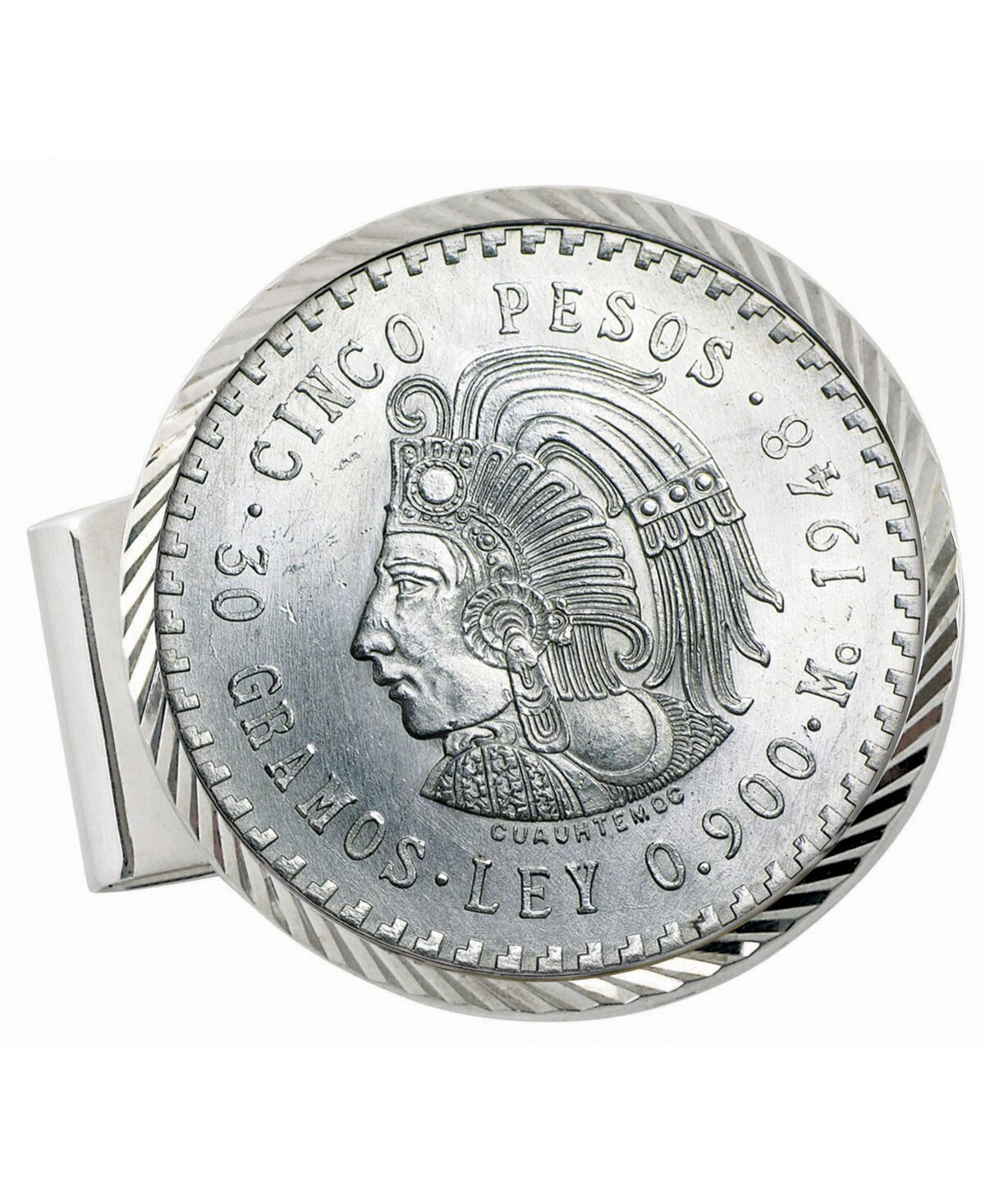 American Coin Treasures Men's American Coin Treasures Sterling Silver Diamond Cut Coin Money Clip Cuauhtemoc Mexican Cinco Pesos - Silver