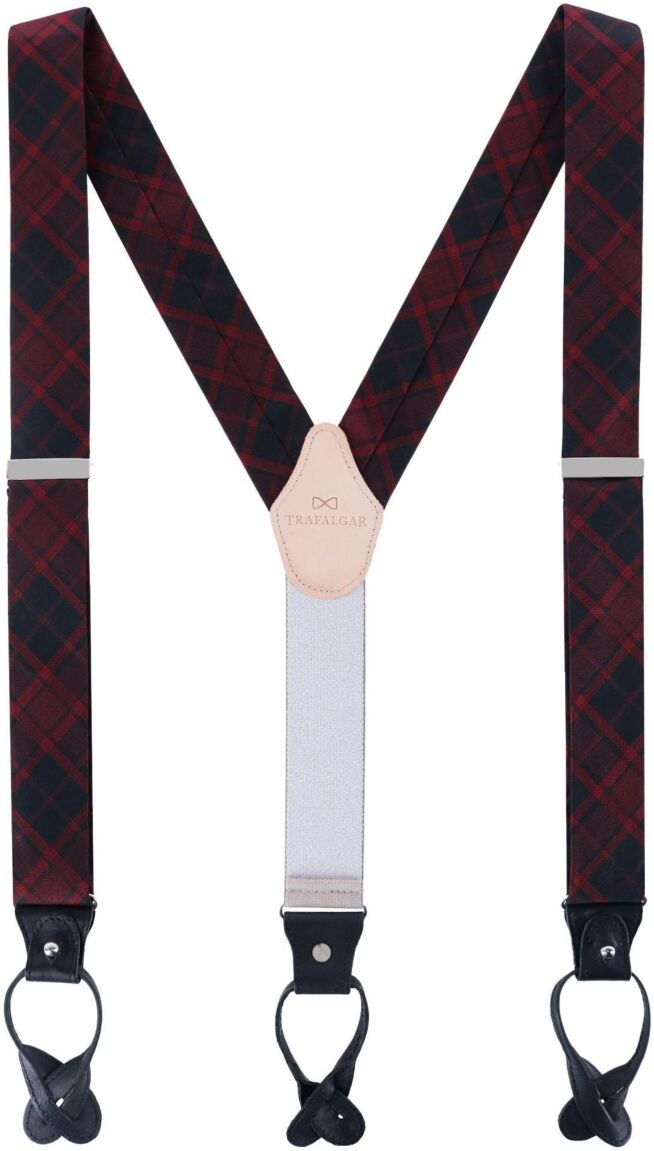 Trafalgar Men's Kincade Red Blackwatch Plaid Silk Button End Suspenders - Red plaid