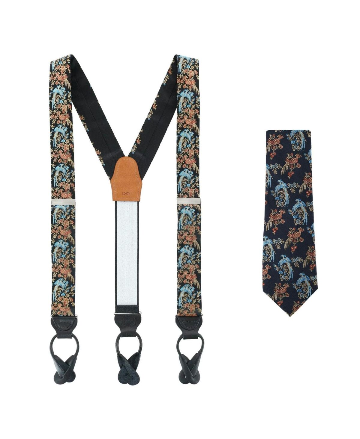 Trafalgar Men's Birds of Prosperity Silk Button End Suspenders and Necktie Set - Black