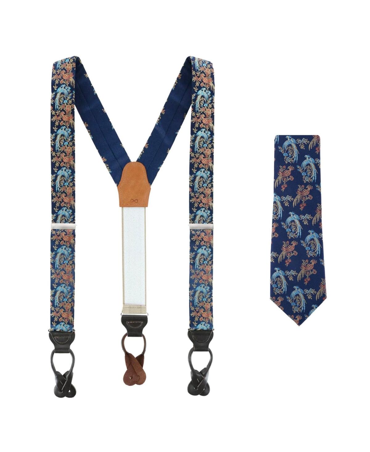 Trafalgar Men's Birds of Prosperity Silk Button End Suspenders and Necktie Set - Navy