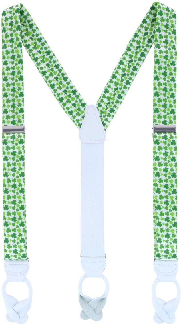 Trafalgar Men's White Shamrock Silk Button End Suspenders - Green