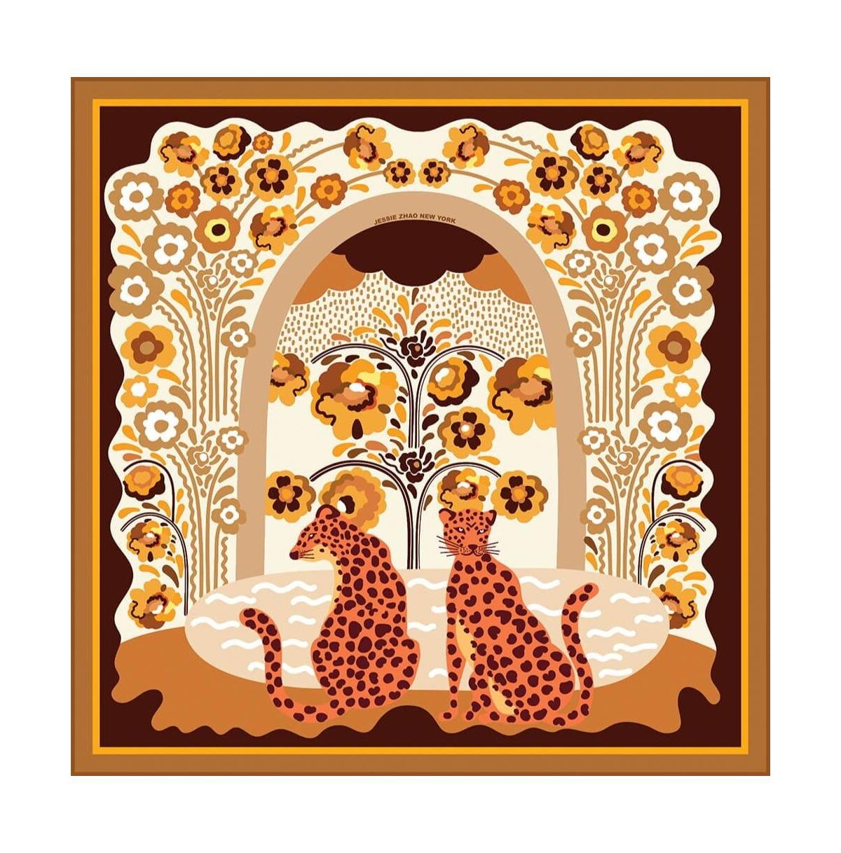 Jessie Zhao New York Double Sided Silk Scarf Of Leopards With Floral Fountain - Brown and coffee